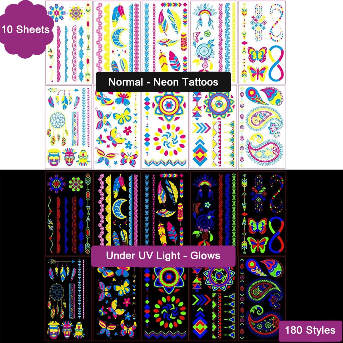 MAYCREATE 10 Sheets Temporary Tattoo Stickers Night Glow in the Dark Sticker, 80+ Styles Waterproof UV Neon Stickers, Body Face Fake Tattoos for Women Men Kids Rave Festival Party MAYCREATE 10 Sheets Temporary Tattoo Stickers Night Glow in the Dark Sticker, 80+ Styles Waterproof UV Neon Stickers, Body Face Fake Tattoos for Women Men Kids Rave Festival Party